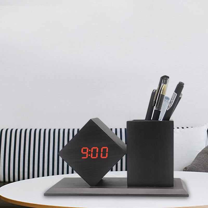 LED Desk Clock with Digital Temperature Pen Holder Best Selling MDF Wooden Alarm & Pen Stand-for Home Electronic Square Red LED