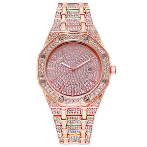 Hot sell Hot hip-hop trendy MC rap full Diamond Octagonal dial with calendar steel strap Analog Quartz Men watch