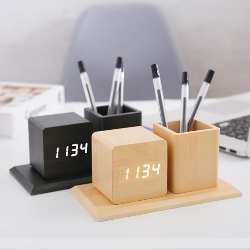 LED Desk Clock with Digital Temperature Pen Holder Best Selling MDF Wooden Alarm & Pen Stand-for Home Electronic Square Red LED