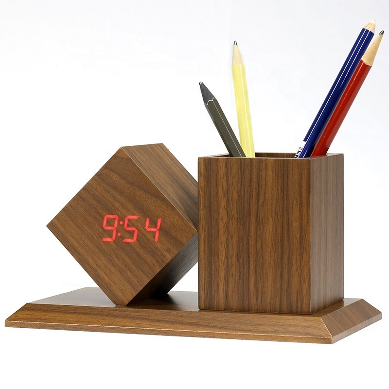 LED Desk Clock with Digital Temperature Pen Holder Best Selling MDF Wooden Alarm & Pen Stand-for Home Electronic Square Red LED