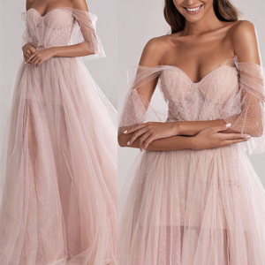 Wholesale Sexy Tulle Robe Off Shoulder Sweetheart Fairy Ball Gown Peach Women Evening Gown Dress