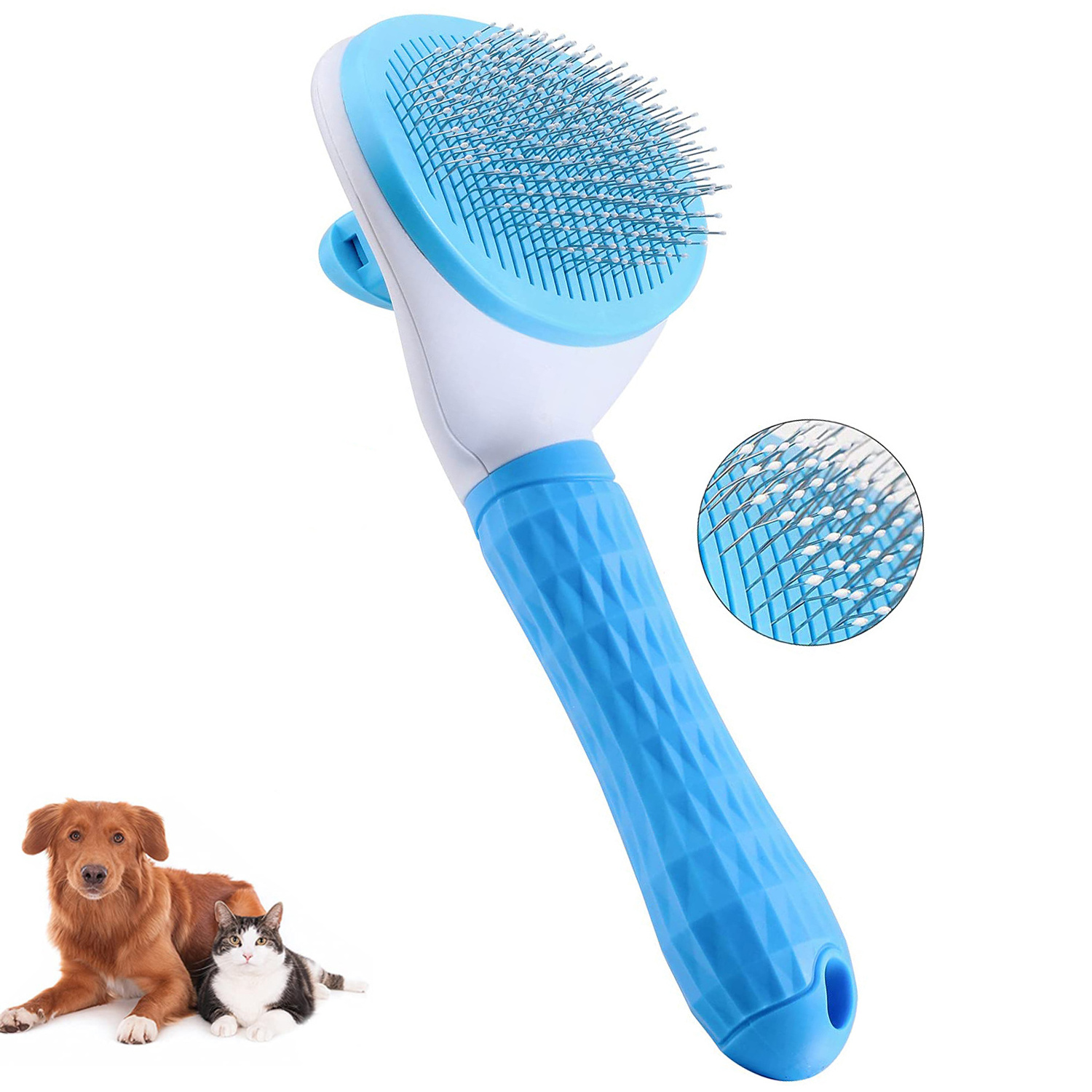 New Arrivals Custom Pet Clean Hair Remover Button Stainless Steel Brushes Dogs Cat Slicker Self Cleaning Grooming Pet Comb Brush