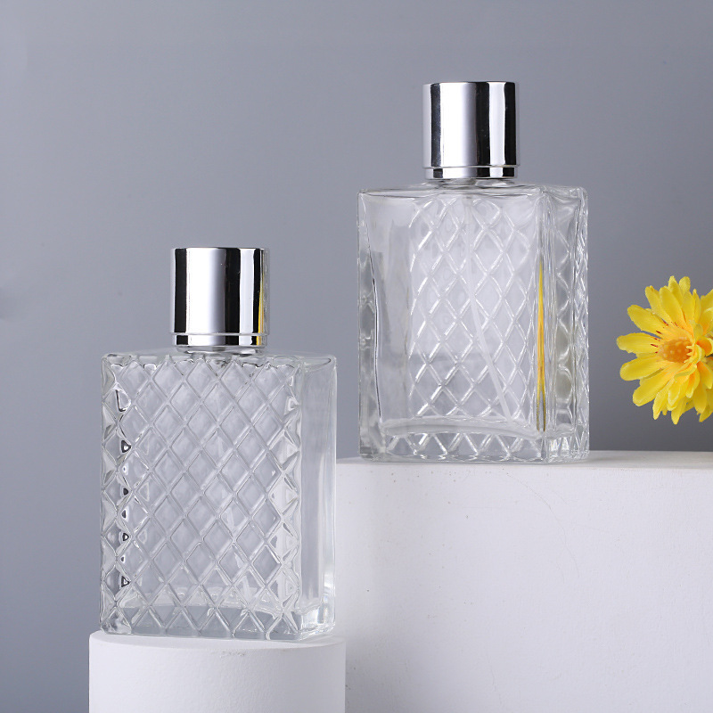 Square shape 100ml clear crystal Glass Bottle for Perfume with pump