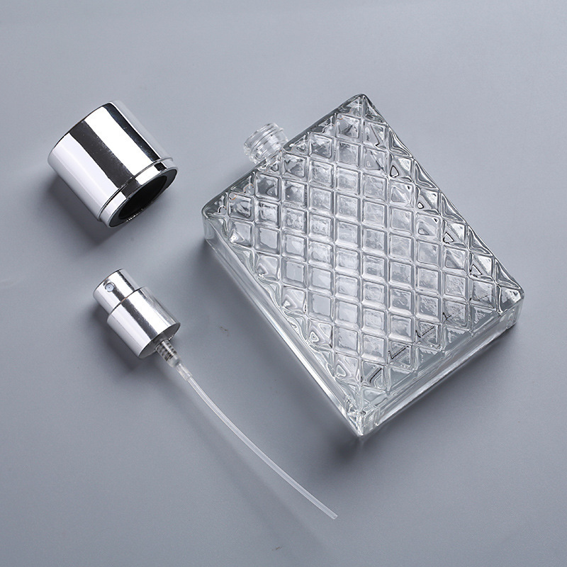 Square shape 100ml clear crystal Glass Bottle for Perfume with pump