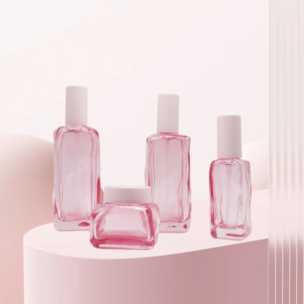 Unique Design Cosmetic Packaging Set 50g 40ml 100ml 120ml Pink Square Glass Lotion Pump Bottles Cream Jars