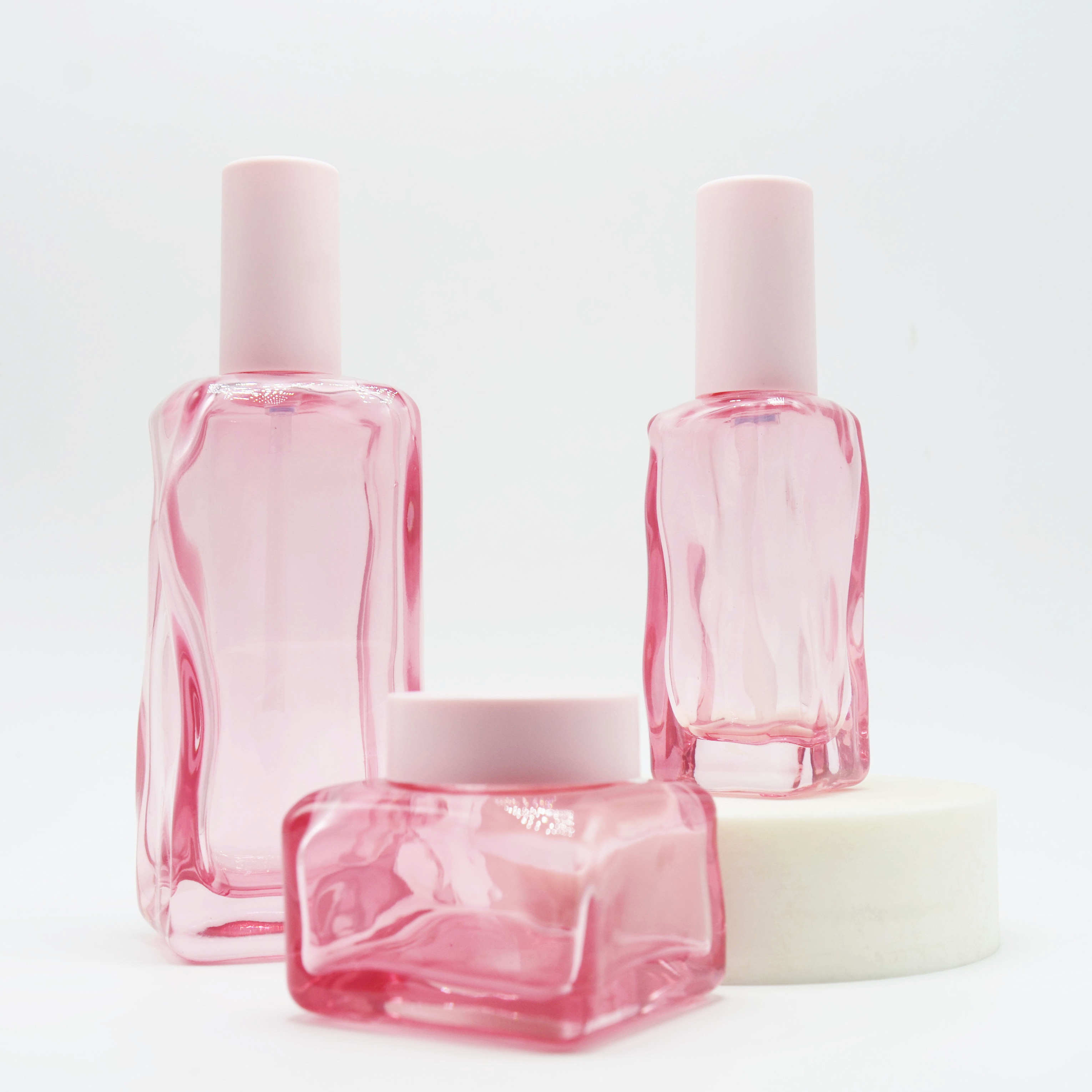 Unique Design Cosmetic Packaging Set 50g 40ml 100ml 120ml Pink Square Glass Lotion Pump Bottles Cream Jars