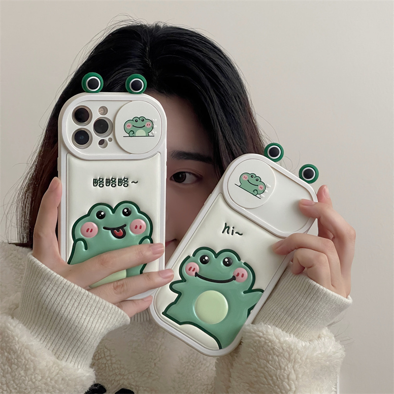 Autumn/Winter Cute Frog Sliding window phone case for iPhone15promax for Apple 14 13 12 11 Full package anti-fall protection