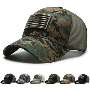 Custom High Quality 6 Panel Flag Removable Hook and Loop Adult Fitted Unstructured Embroidery Patch Trucker Camo Tactical Hats