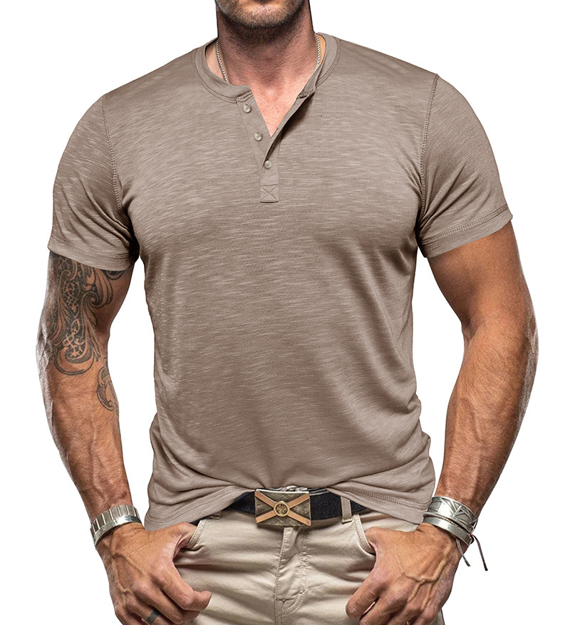 Wholesale Summer Men's Bamboo Joint Cotton Henley Shirt Round Neck Short Sleeve T-Shirt button men's t-shirts