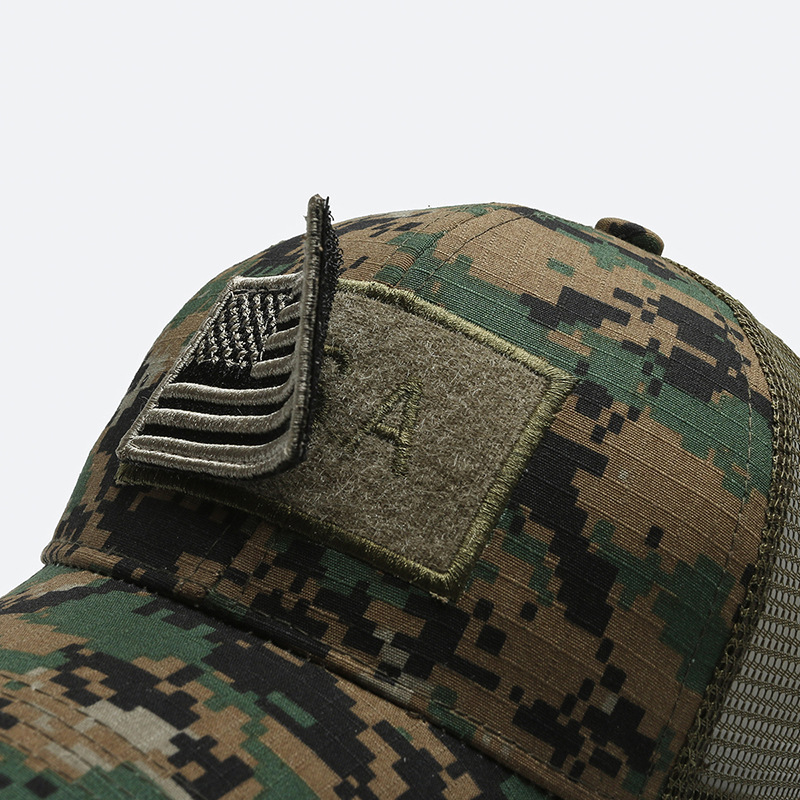 Custom High Quality 6 Panel Flag Removable Hook and Loop Adult Fitted Unstructured Embroidery Patch Trucker Camo Tactical Hats