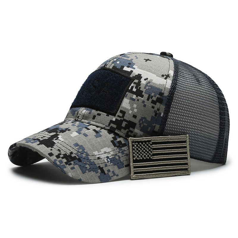 Custom High Quality 6 Panel Flag Removable Hook and Loop Adult Fitted Unstructured Embroidery Patch Trucker Camo Tactical Hats