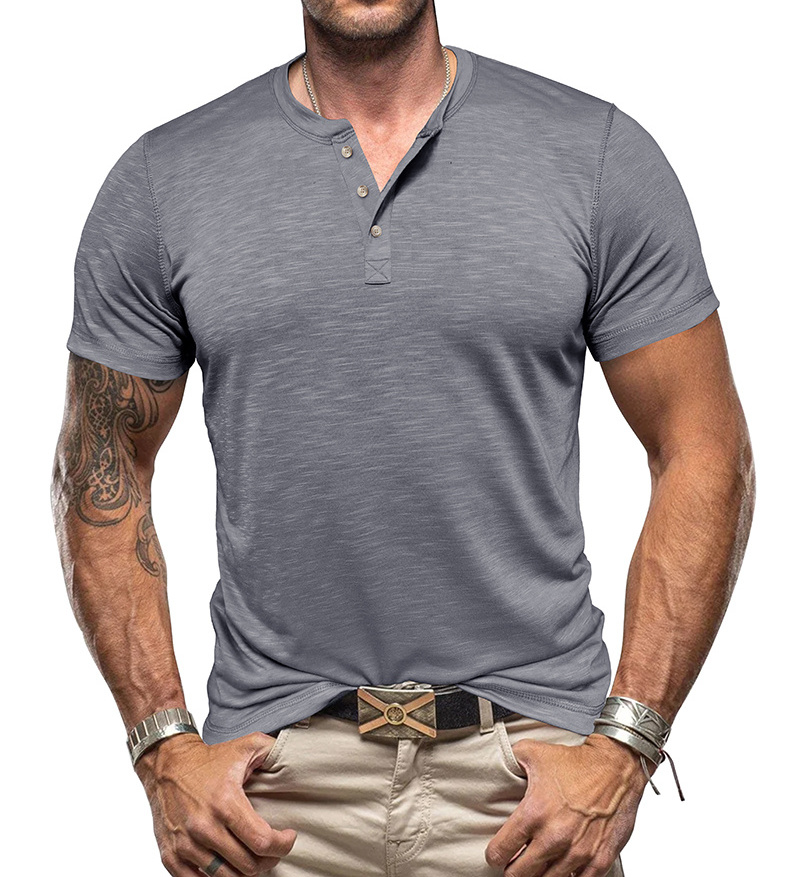 Wholesale Summer Men's Bamboo Joint Cotton Henley Shirt Round Neck Short Sleeve T-Shirt button men's t-shirts