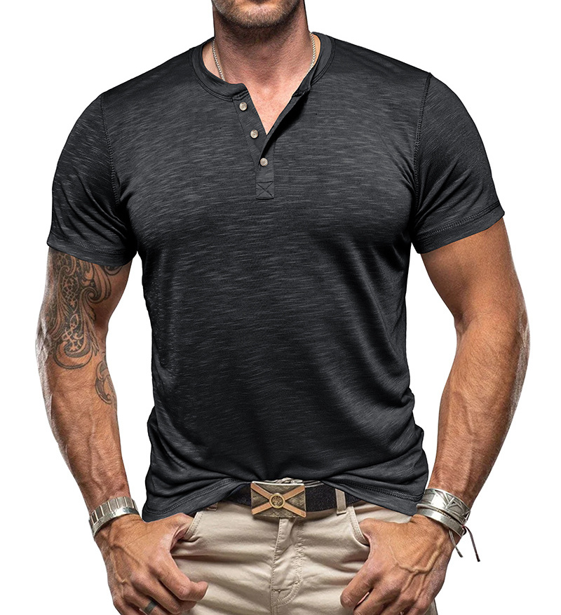 Wholesale Summer Men's Bamboo Joint Cotton Henley Shirt Round Neck Short Sleeve T-Shirt button men's t-shirts