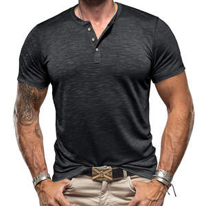 Wholesale Summer Men's Bamboo Joint Cotton Henley Shirt Round Neck Short Sleeve T-Shirt button men's t-shirts