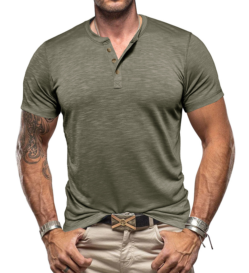 Wholesale Summer Men's Bamboo Joint Cotton Henley Shirt Round Neck Short Sleeve T-Shirt button men's t-shirts