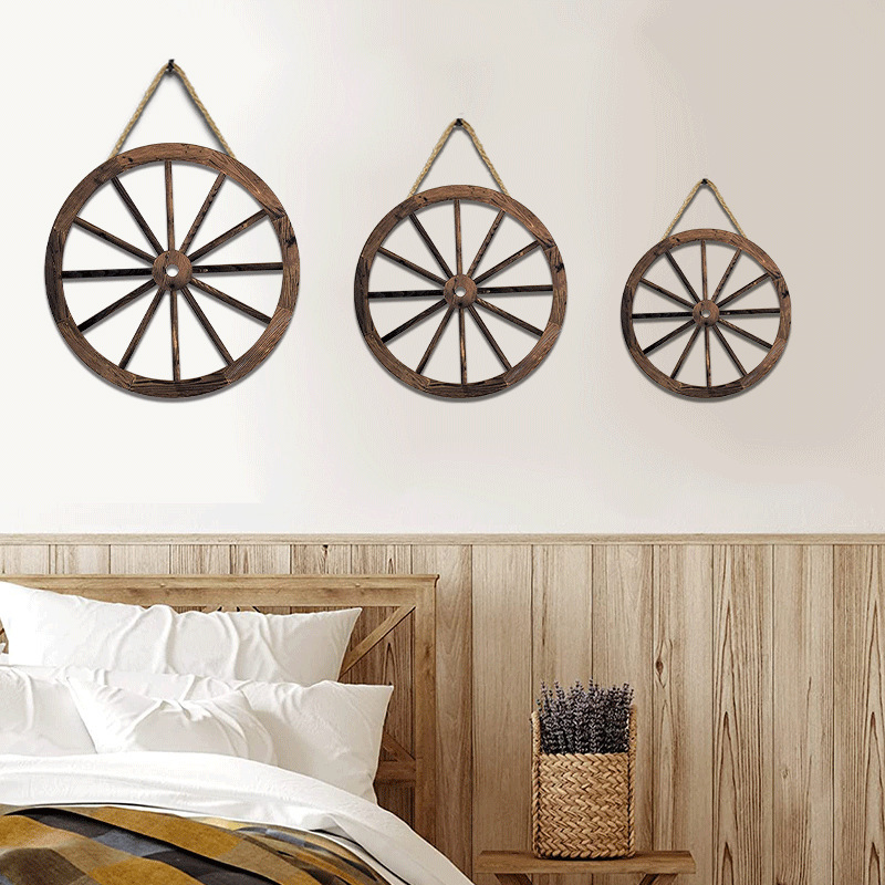 Farmhouse Antique Wall Decor Wall Hanging Set of 3 Wooden Wagon Wheel Home Decor Rustic Wood Art Horizontal Round Wood Signs