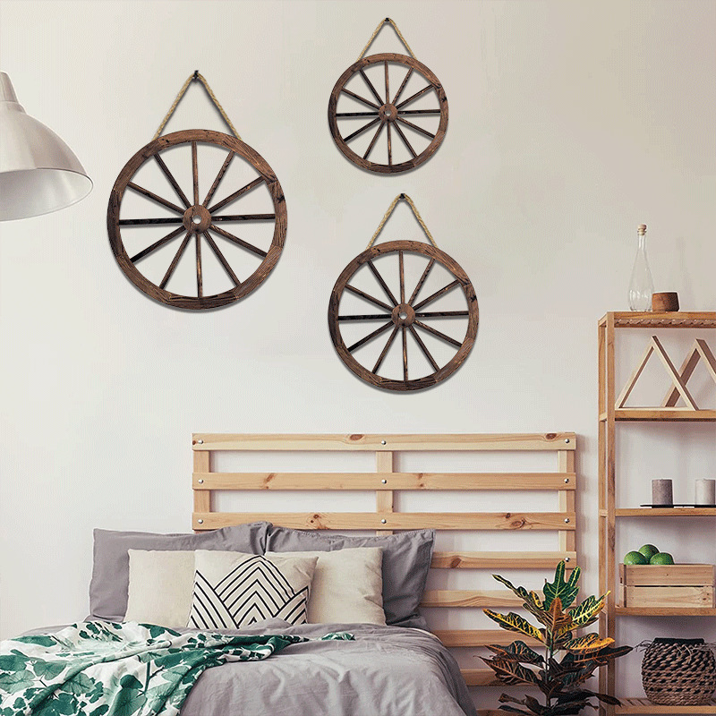 Farmhouse Antique Wall Decor Wall Hanging Set of 3 Wooden Wagon Wheel Home Decor Rustic Wood Art Horizontal Round Wood Signs