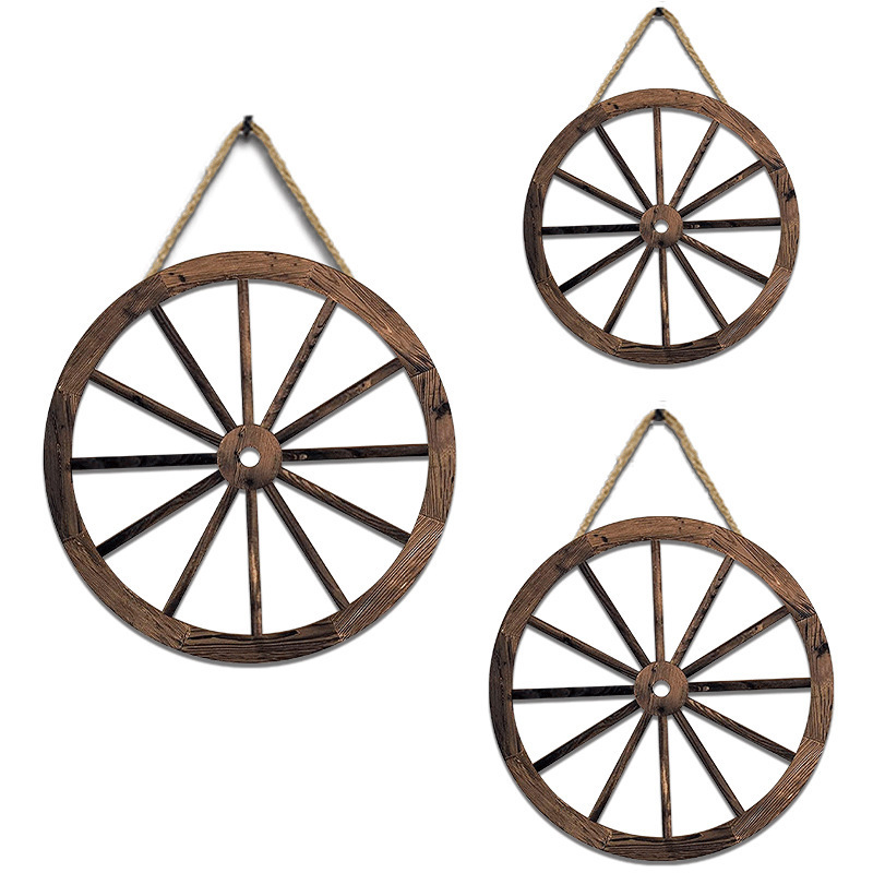 Farmhouse Antique Wall Decor Wall Hanging Set of 3 Wooden Wagon Wheel Home Decor Rustic Wood Art Horizontal Round Wood Signs