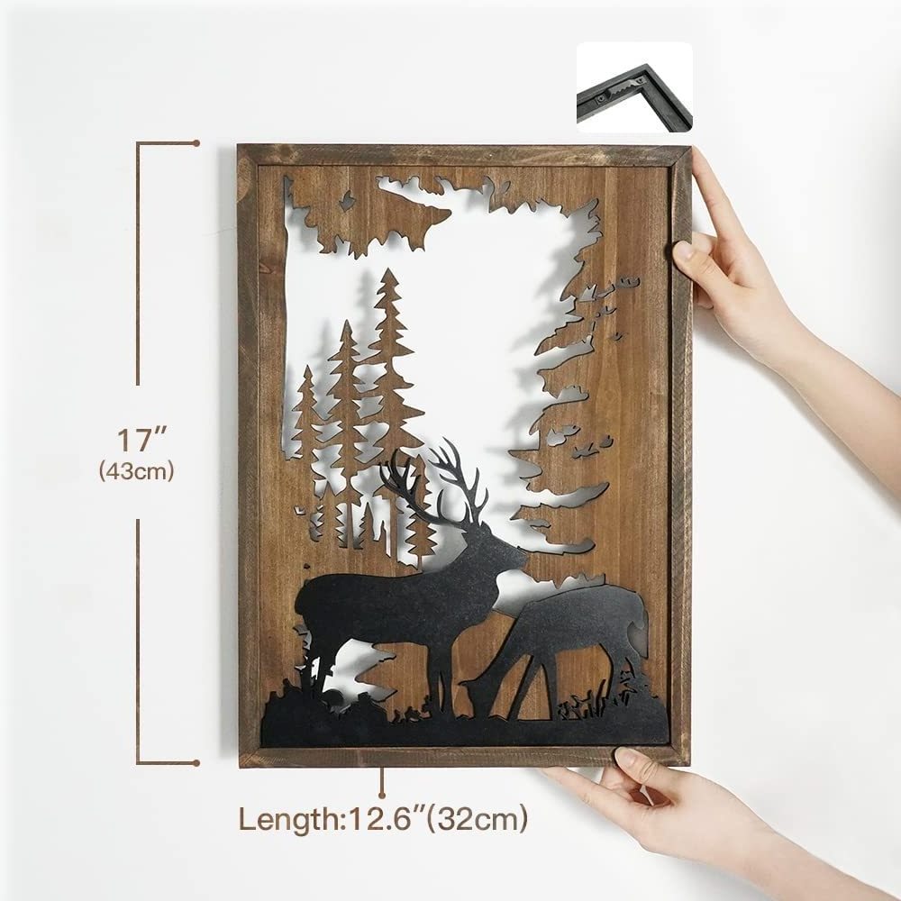 Forest Wood Wall Decor Living Room Animal Deer Elk Hanging Decorations for Cabin Bedroom  Modern Wildlife Hunting Wooden Rectang