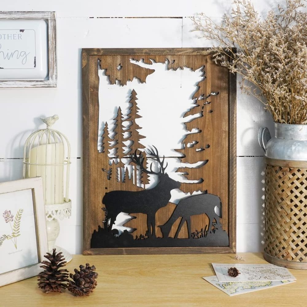 Forest Wood Wall Decor Living Room Animal Deer Elk Hanging Decorations for Cabin Bedroom  Modern Wildlife Hunting Wooden Rectang