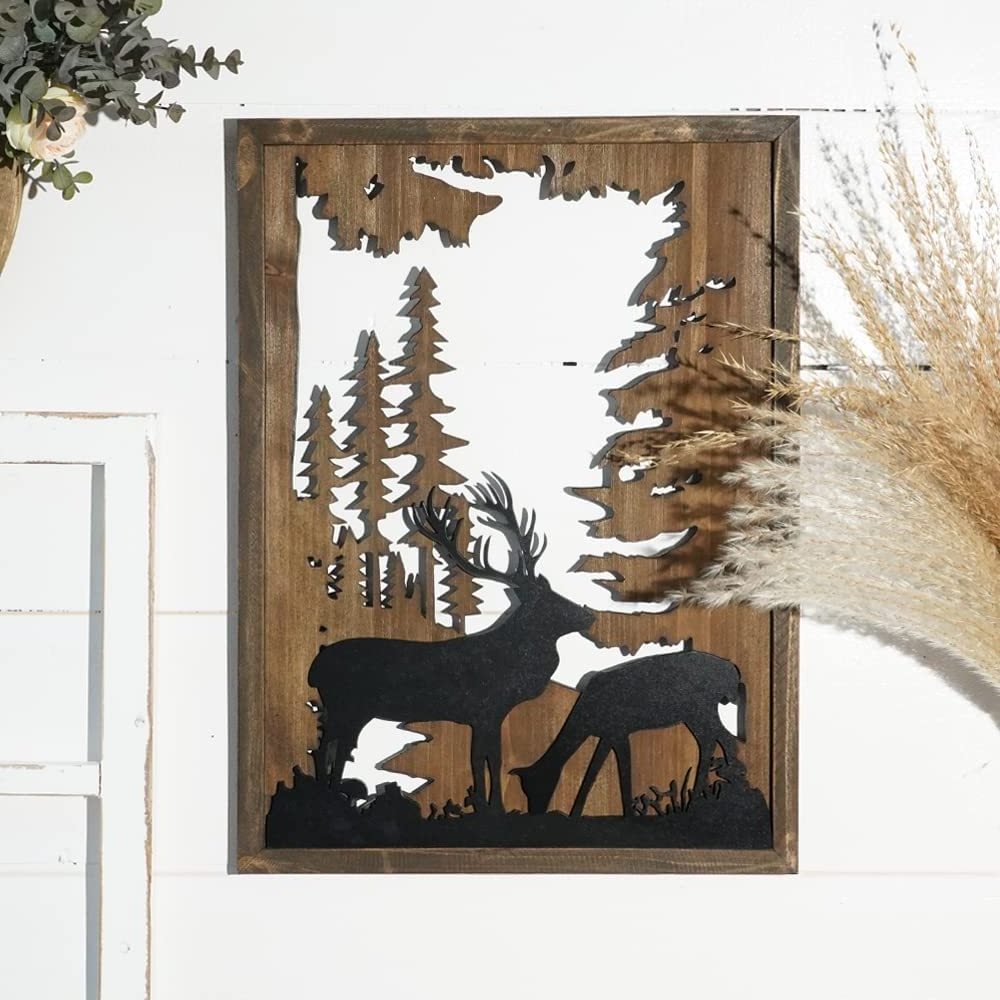 Forest Wood Wall Decor Living Room Animal Deer Elk Hanging Decorations for Cabin Bedroom  Modern Wildlife Hunting Wooden Rectang