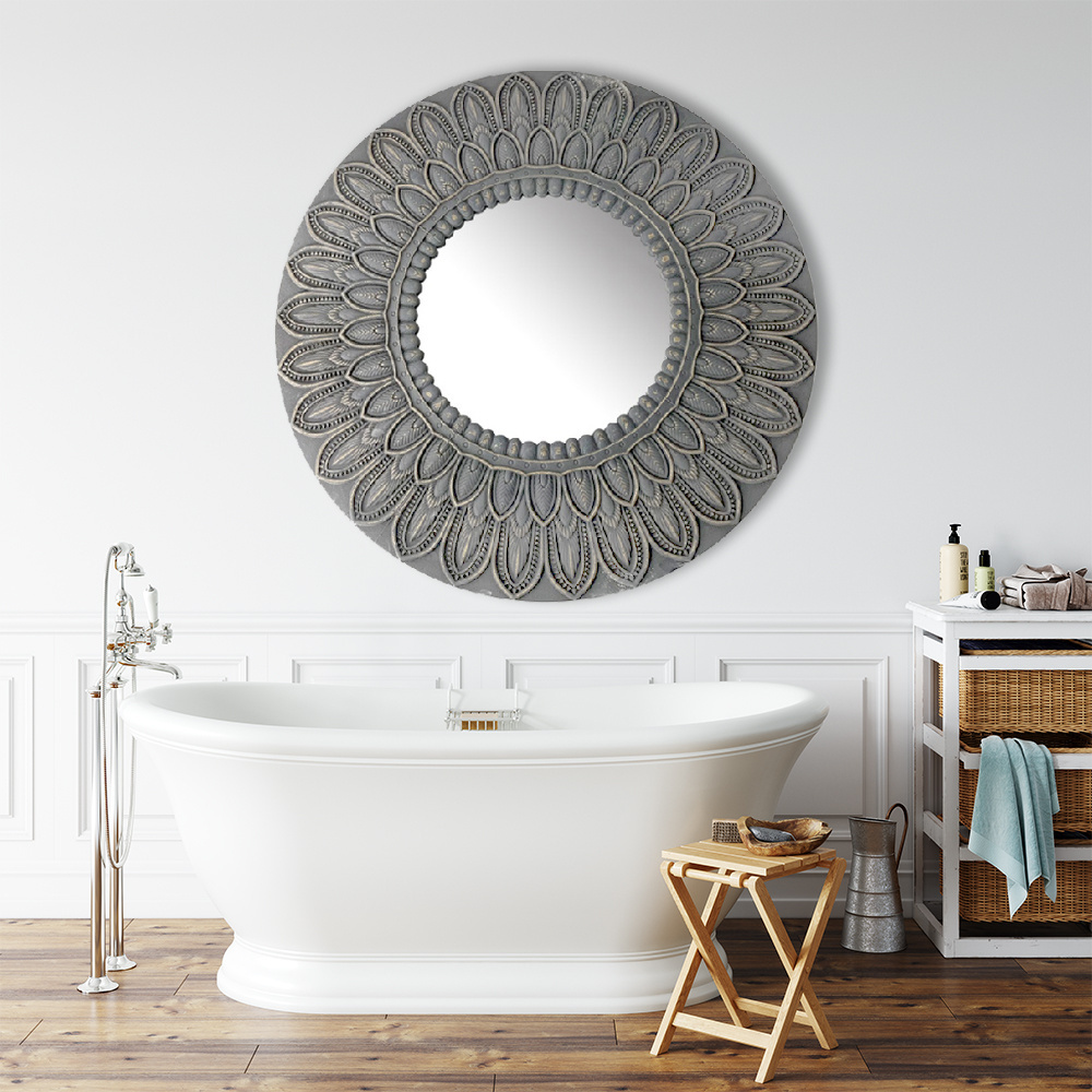 Shabby Chic Style Wall Decoration Mirror - Engrave Round Wood Mirror Frame with Mystery Mat in Black and Antique Gold