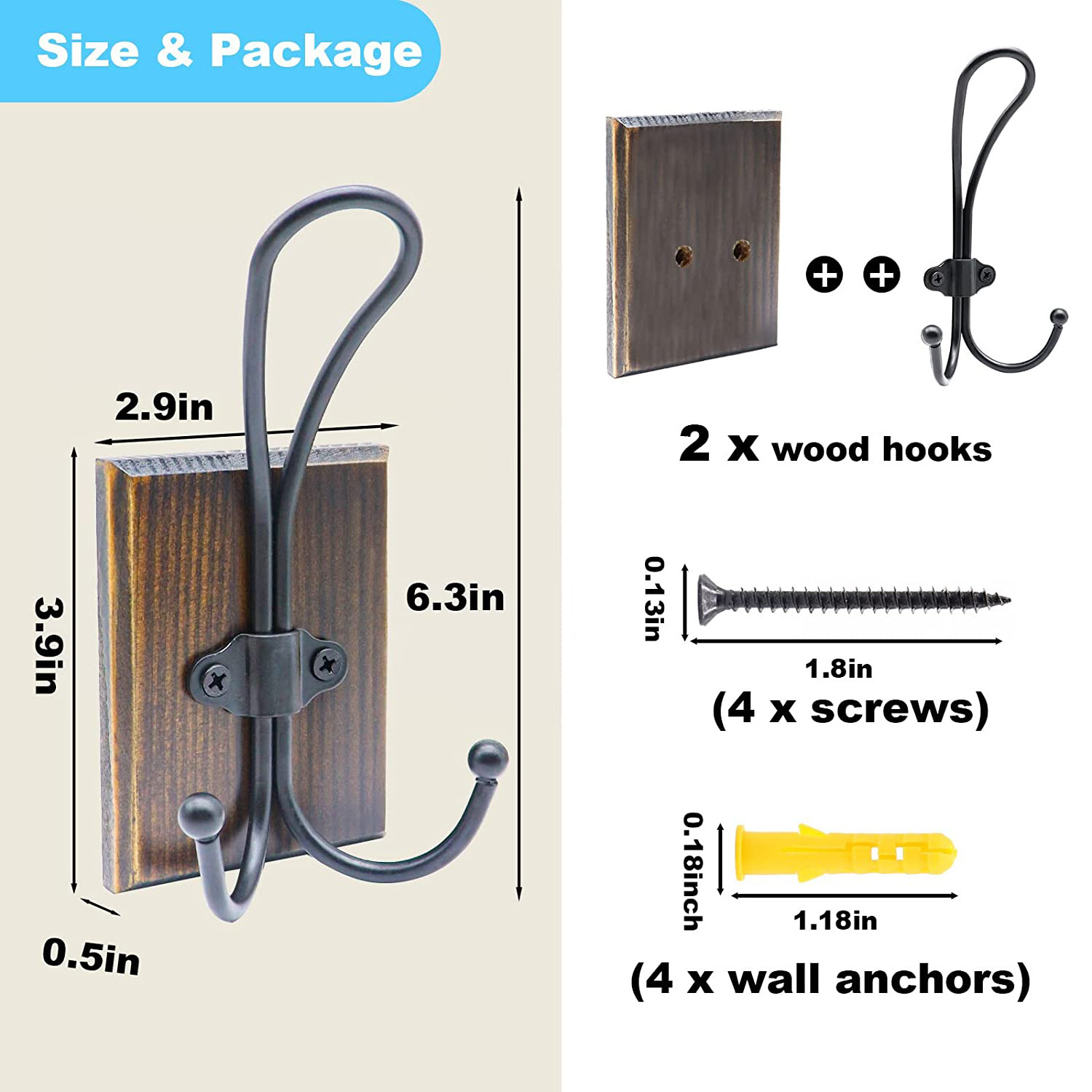 Flexible Rustic Decorative Wood Wall Hooks Hanging Keys Robe Hat Double Towel Hooks for Bathroom Farmhouse Coat Hooks