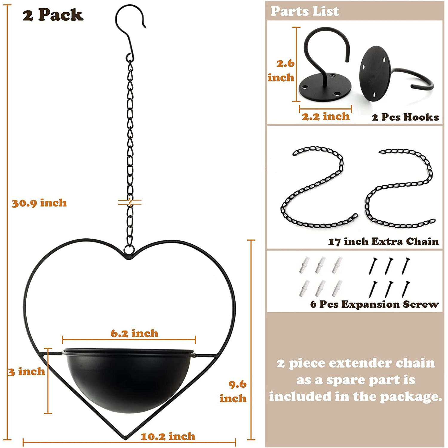 Heart Shaped Boho Hanging Plant Holder with 6inch Detachable pot Black Metal Wall and Ceiling Plant Hanger for Indoor Outdoor