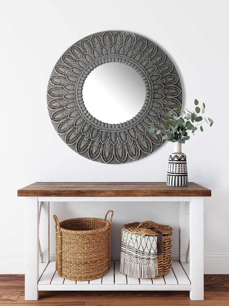 Shabby Chic Style Wall Decoration Mirror - Engrave Round Wood Mirror Frame with Mystery Mat in Black and Antique Gold