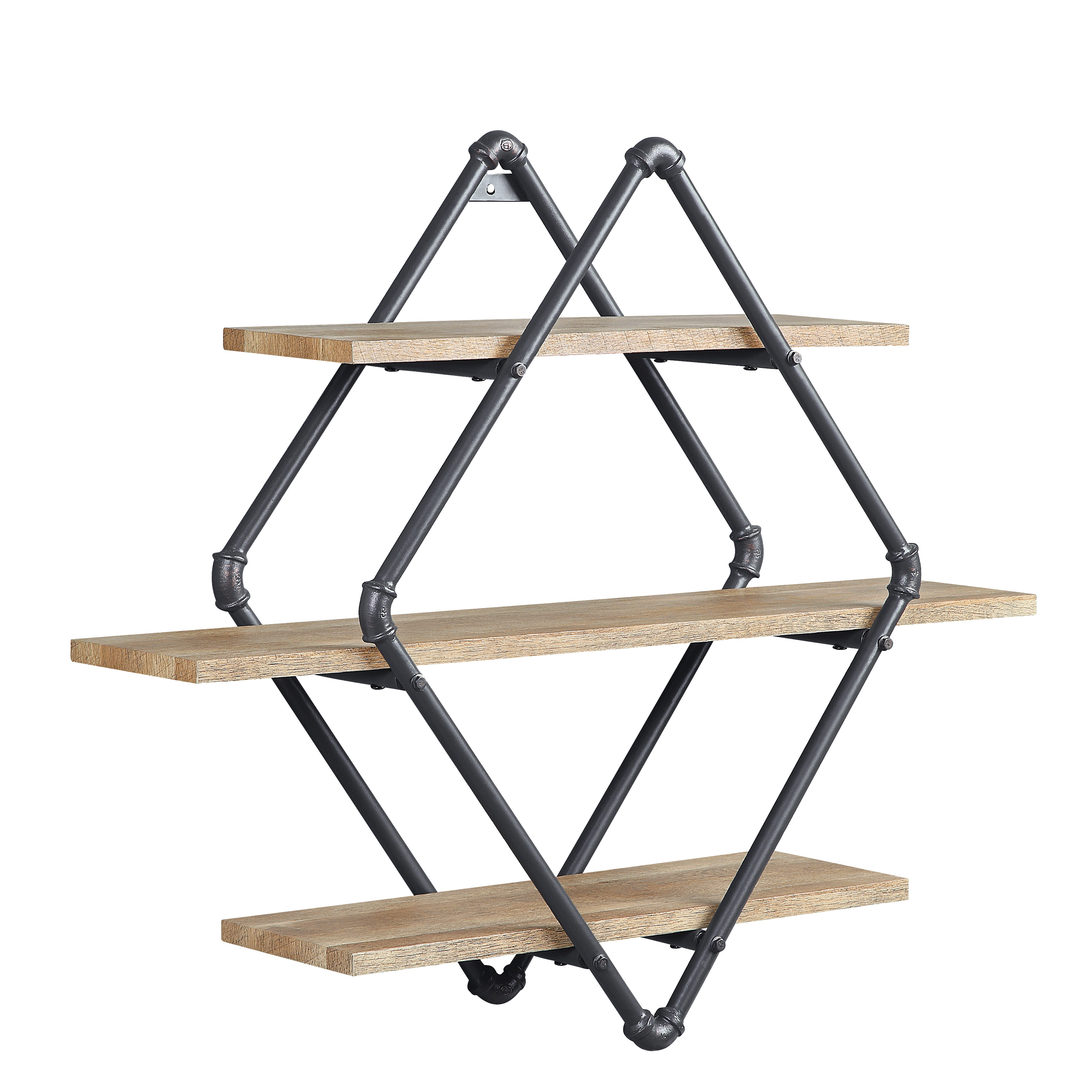 Industrial Style Wall Rack Wood & Metal Pipe Shelf Black Finish Wood and Metal Wire Corner Storage Wall Shelf Bracket