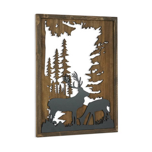 Forest Wood Wall Decor Living Room Animal Deer Elk Hanging Decorations for Cabin Bedroom  Modern Wildlife Hunting Wooden Rectang