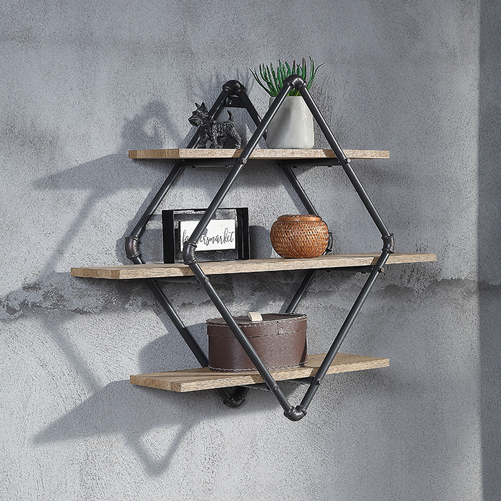 Industrial Style Wall Rack Wood & Metal Pipe Shelf Black Finish Wood and Metal Wire Corner Storage Wall Shelf Bracket