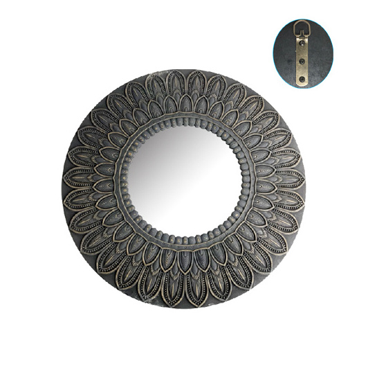 Shabby Chic Style Wall Decoration Mirror - Engrave Round Wood Mirror Frame with Mystery Mat in Black and Antique Gold