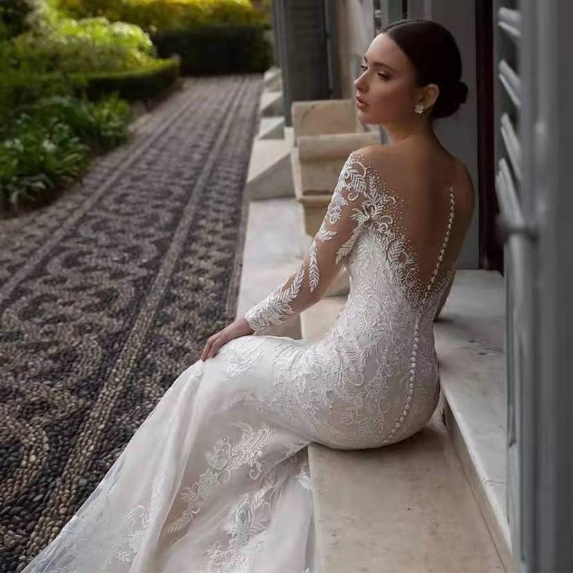 New Arrival V Neck Full Sleeves Detachable Skirt Mermaid Wedding Dresses Appliqued Crystal Lace Bridal Gowns