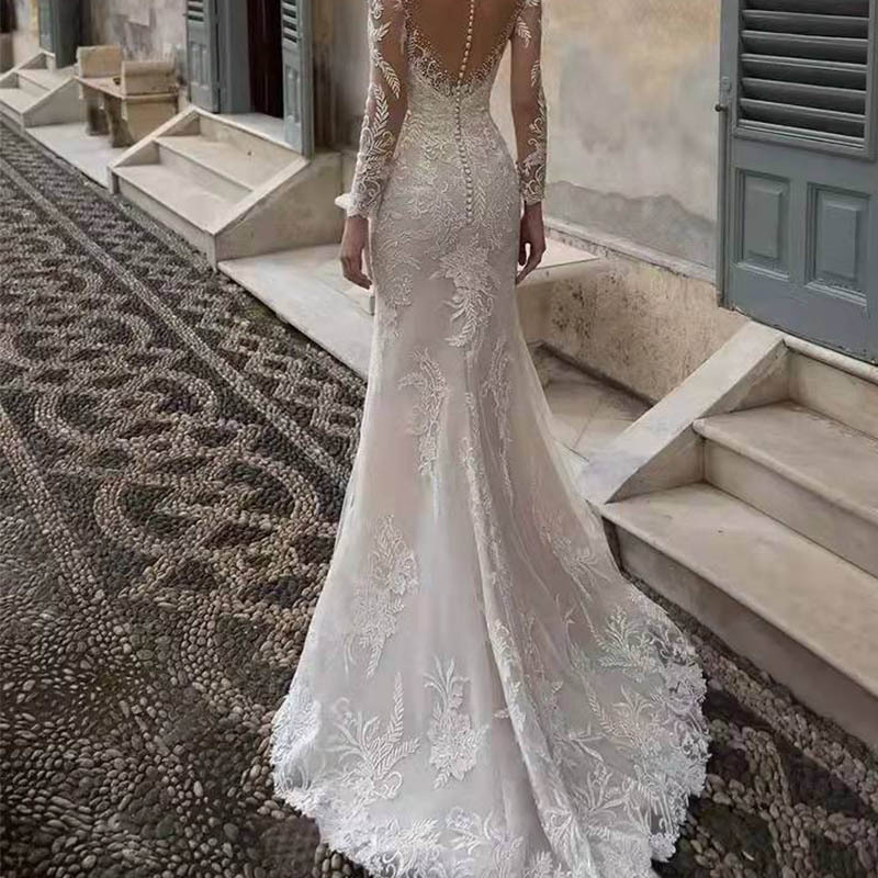 New Arrival V Neck Full Sleeves Detachable Skirt Mermaid Wedding Dresses Appliqued Crystal Lace Bridal Gowns