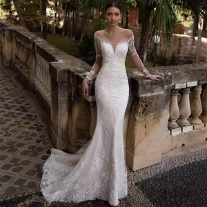 New Arrival V Neck Full Sleeves Detachable Skirt Mermaid Wedding Dresses Appliqued Crystal Lace Bridal Gowns