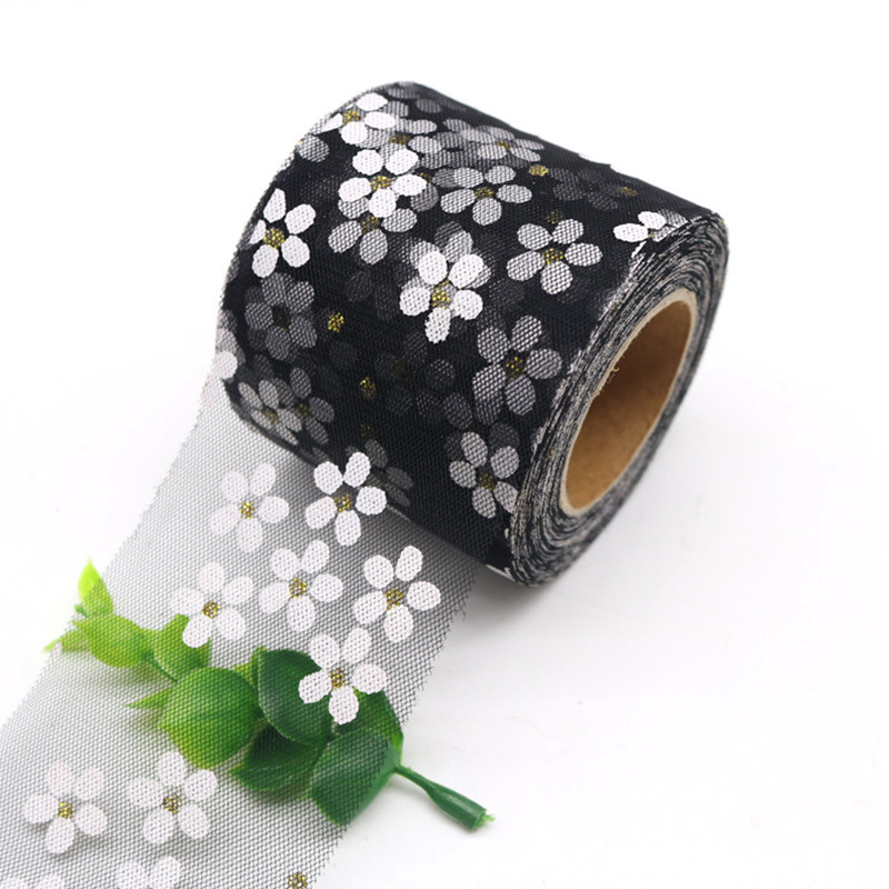 6cm 25 size small plum blossom printed gold tulle roll, bow tie ribbon, and floral ribbon.