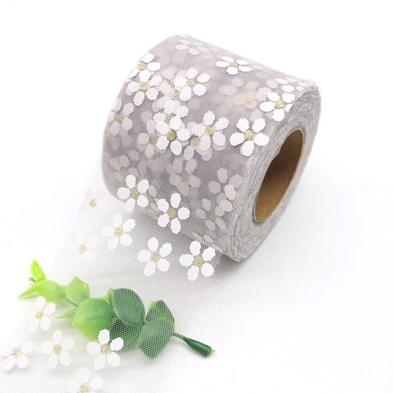 6cm 25 size small plum blossom printed gold tulle roll, bow tie ribbon, and floral ribbon.