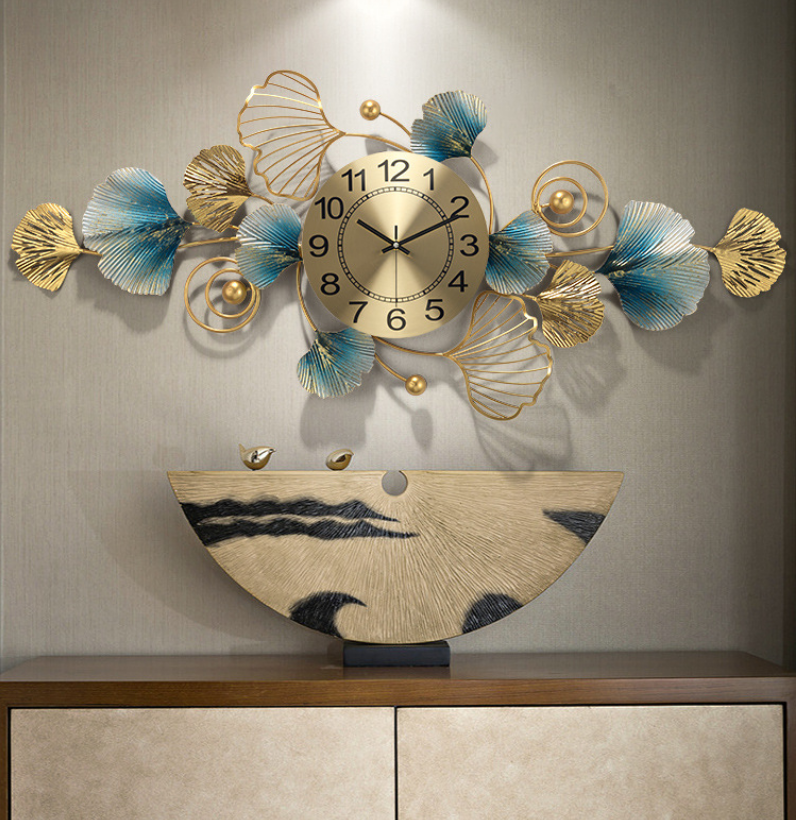 New Arrival 3D ginkgo Wall Clock  Large Size Luxury Wall clock  Iron Wall Art Flower Decor For Home Decor