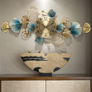 New Arrival 3D ginkgo Wall Clock  Large Size Luxury Wall clock  Iron Wall Art Flower Decor For Home Decor