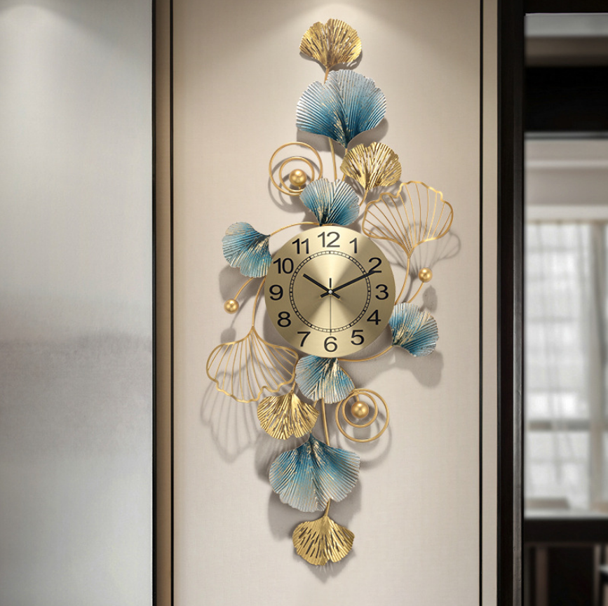 New Arrival 3D ginkgo Wall Clock  Large Size Luxury Wall clock  Iron Wall Art Flower Decor For Home Decor