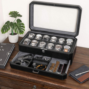 12 Slot Wooden watch box luxury Leather Watch Box with Valet Drawer and Jewelry Case Display Organizer