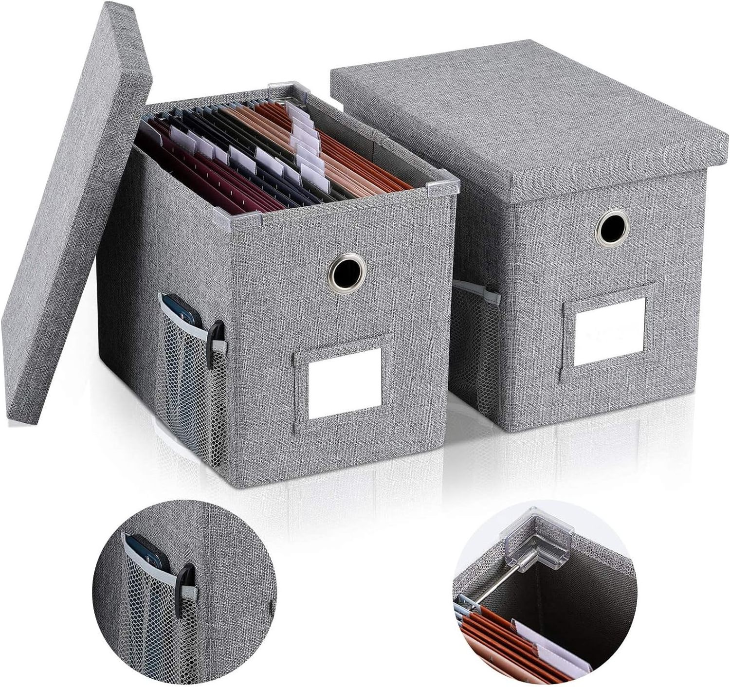 Linen File Box with Smooth Sliding Rail with Lids for Letter Size Hanging File Storage Box Collapsible File organizer