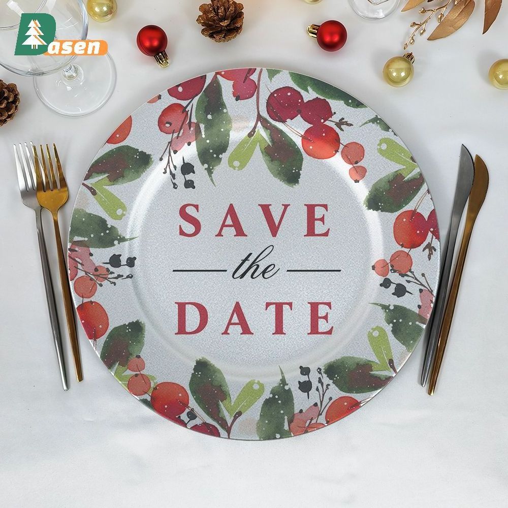 Customized Design Valentine's Day Loving Heart Save the Date Wedding Banquet Table Decoration Gold Silver Plastic Charger Plates