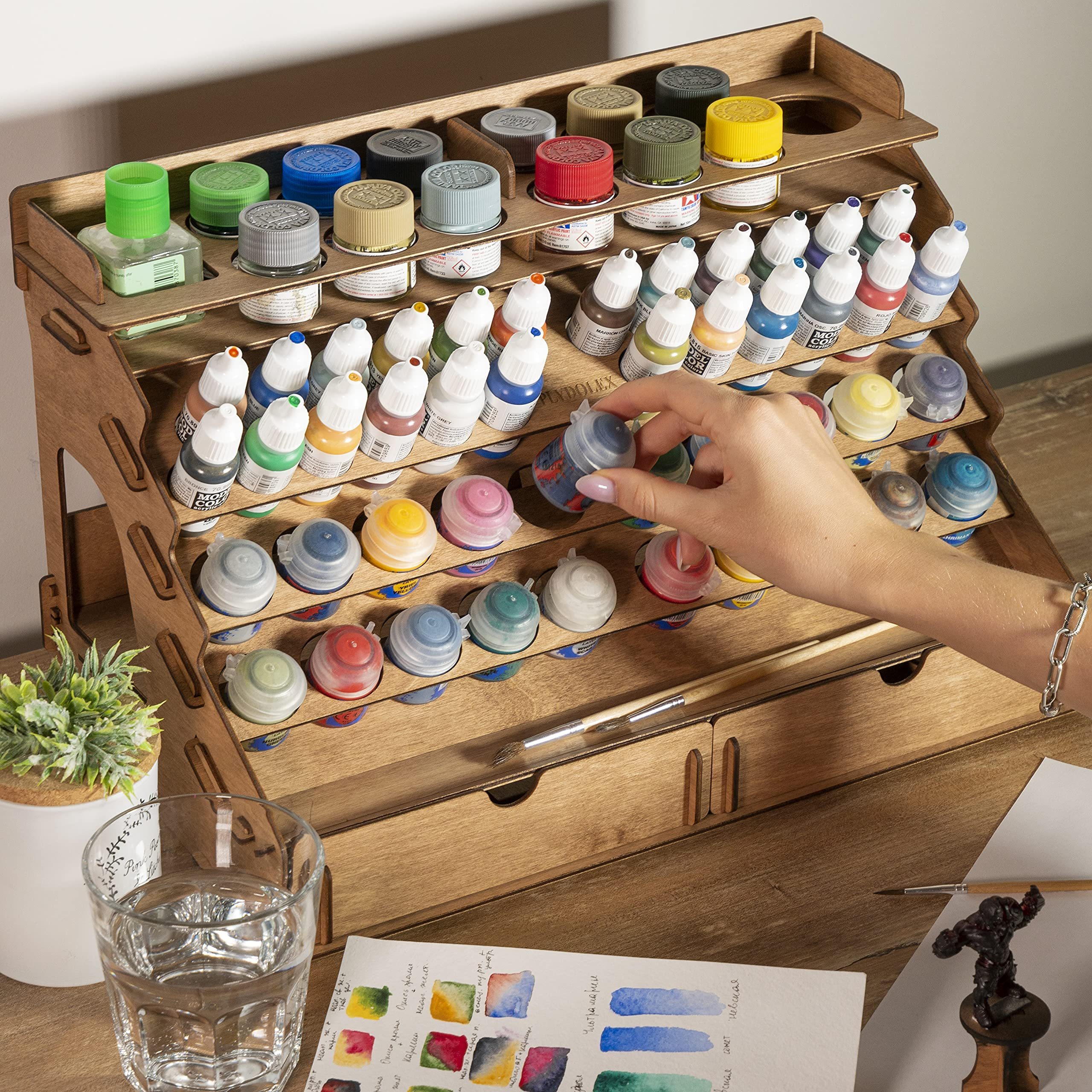 Paint Rack Organizer with 60 Holes for Miniature Paint Set - Wall-mounted Wooden Craft Paint Storage Rack and OPI organizer