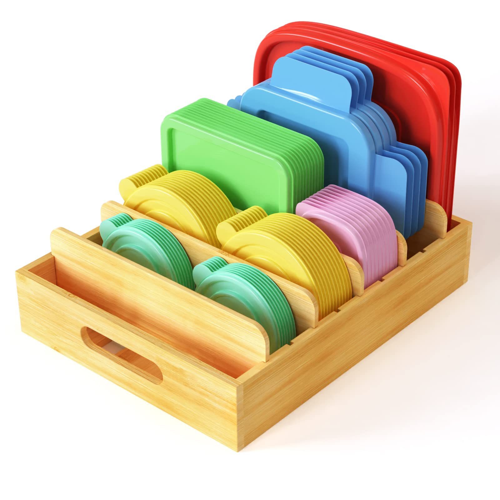 Bamboo Lid Organizer Pantry Lid Holder Box Adjustable Dividers Plastic Lids Food Storage Container Organizer for Drawer