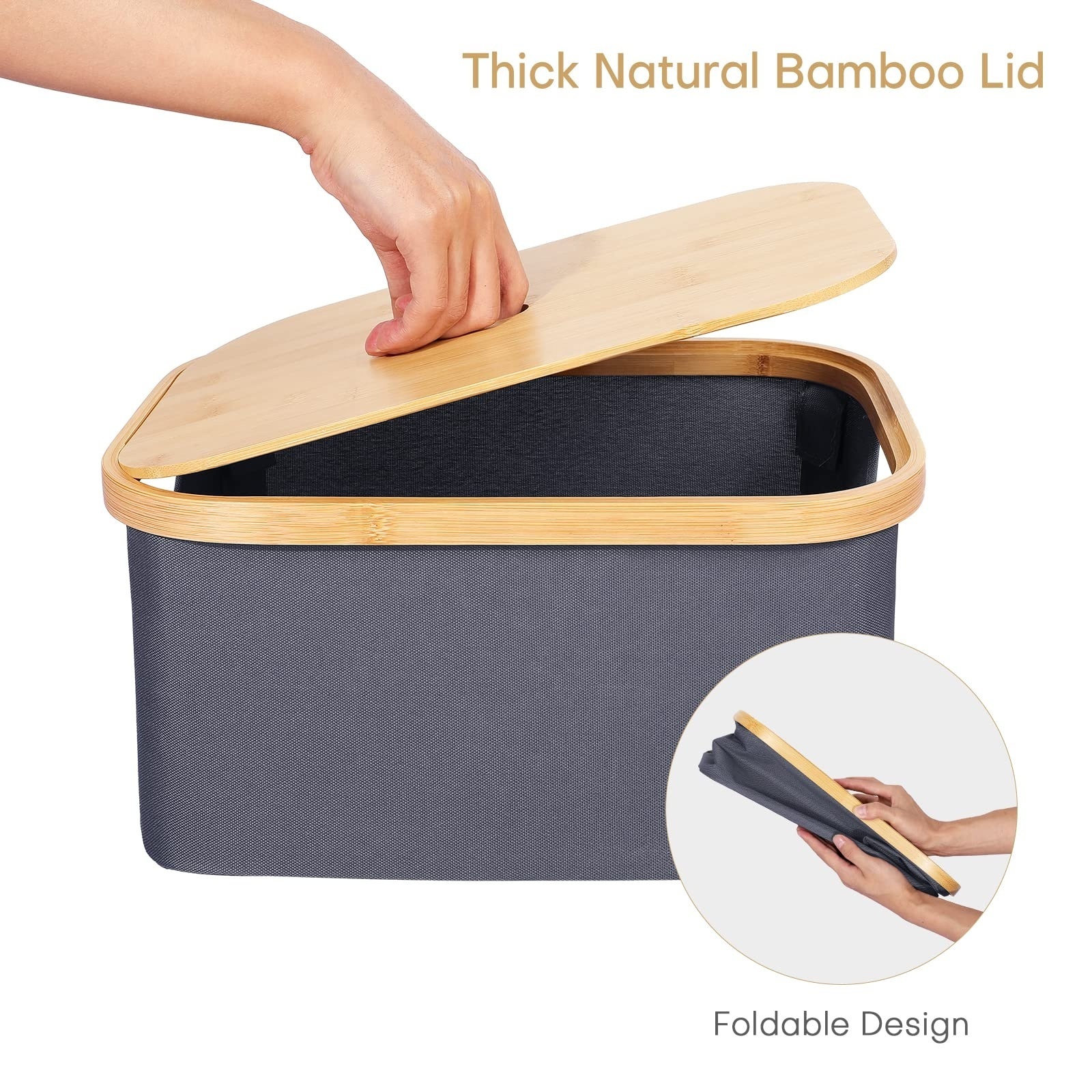 Bamboo Storage Bin with Removable Bamboo Lid Handles Canvas Basket Box Lids Stackable Laundry Container Closet Cube Organizer