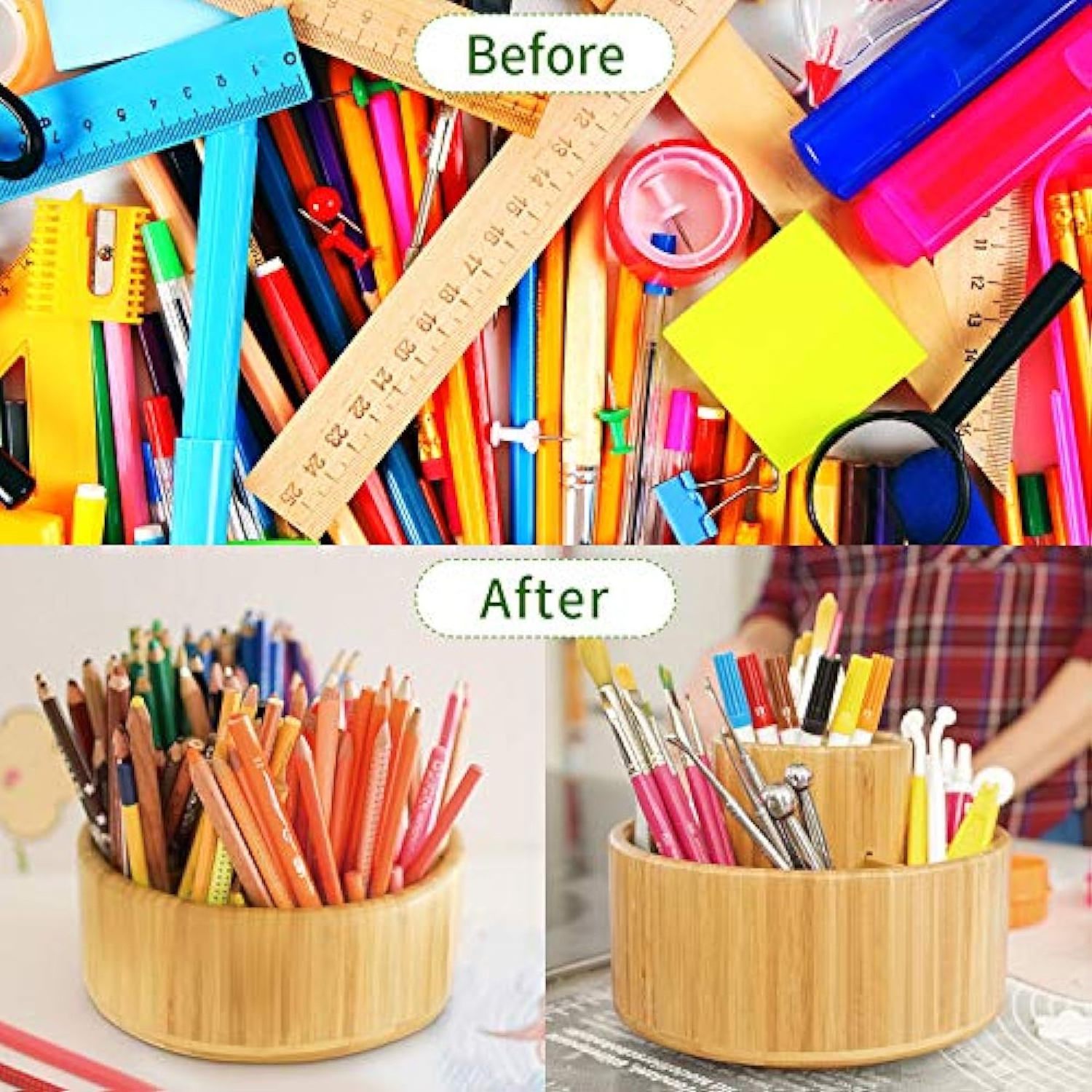 Bamboo Rotating Pencil Holder Desktop Storage Caddy for Pen Round Rotating Art Supply Organizer Desktop Pen Holder Organizer