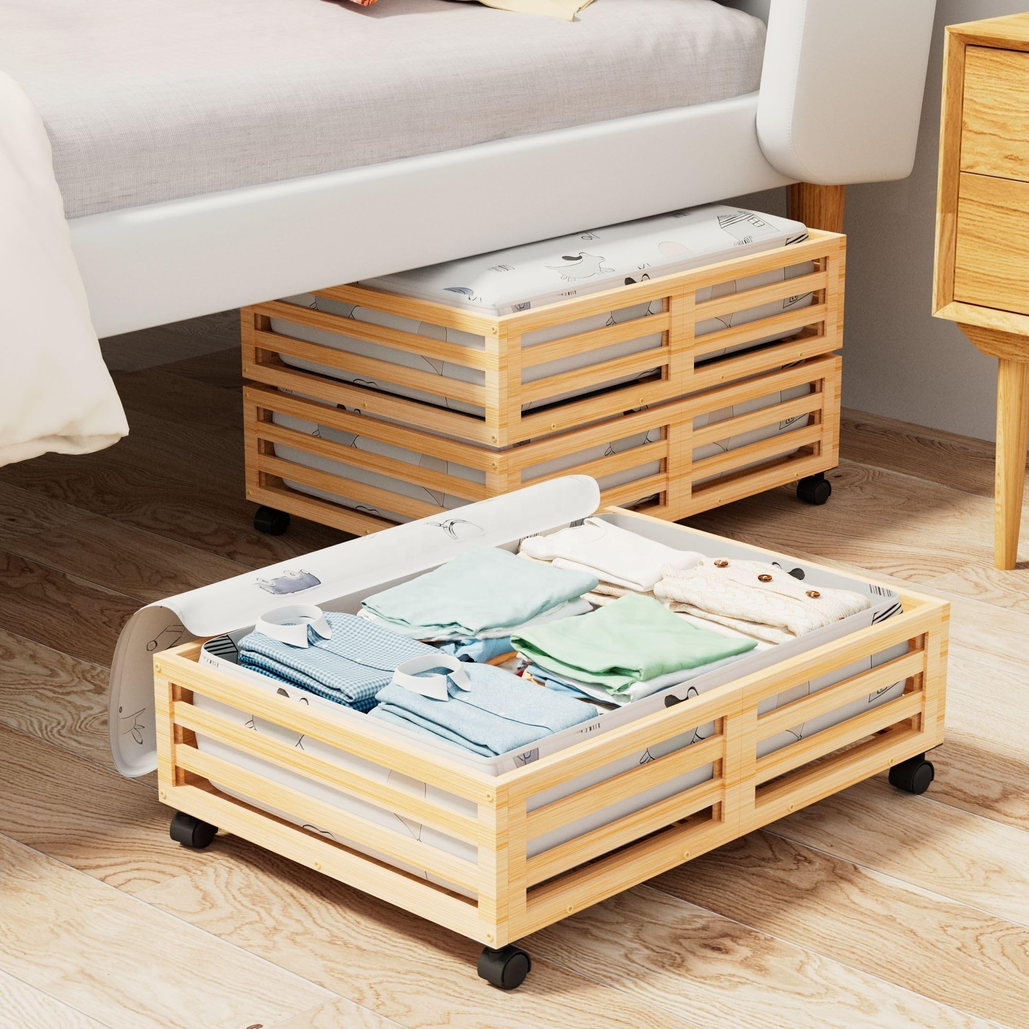 Bamboo Under Bed Storage Containers Underbed Organizer with Wheels with Large Dust Bag Sturdy Wood Rolling Under the Bed