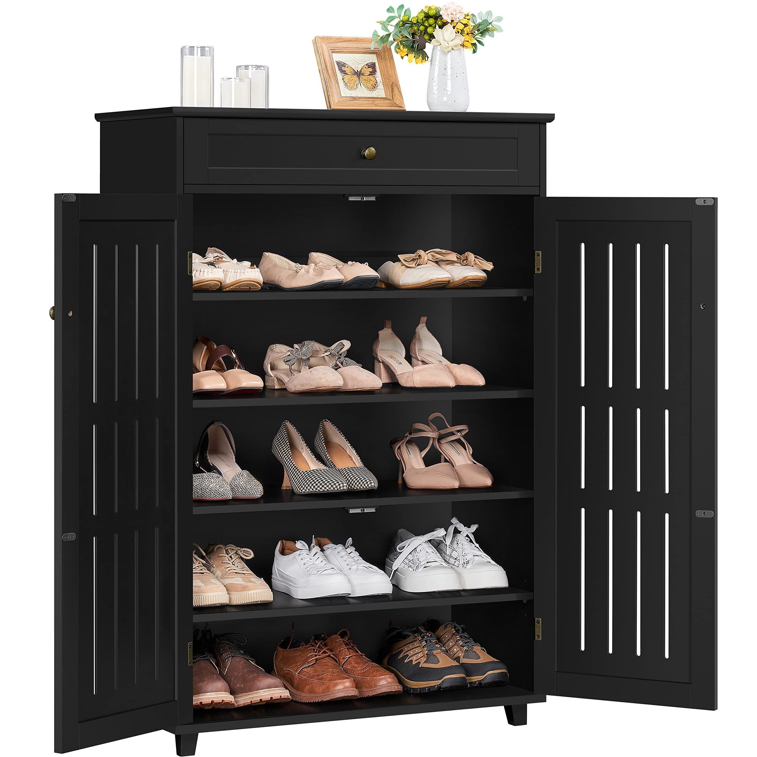 Black Finish Wooden Shoe Storage Cabinet with Double Door and Drawer for Keys Belts Shopping Cards Collection Entryway Organizer